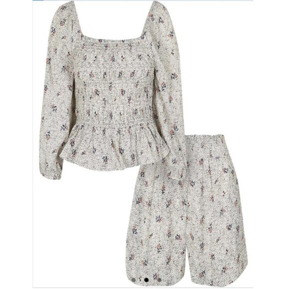 River Island Cream Floral Shirred Top & Shorts F-0170 - Picture 1 of 12